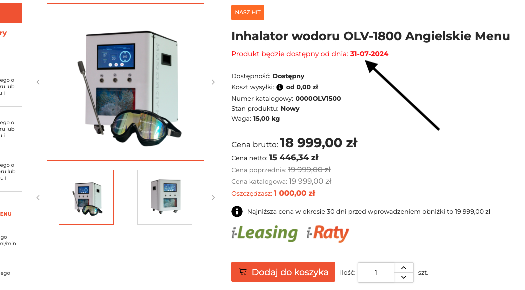 Karta produktu z czerwonym oznaczeniem, że produkt będzie dostępny od wskazanej daty