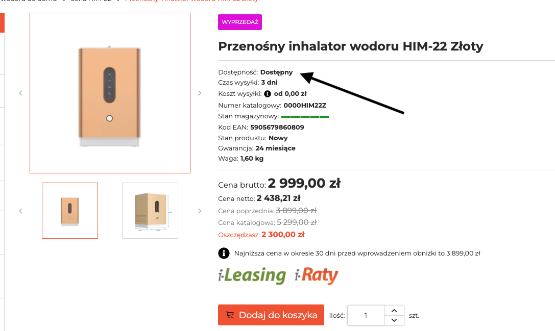 Karta produktu z dostępnością oznaczoną jako Dostępny i podanym czasem wysyłki