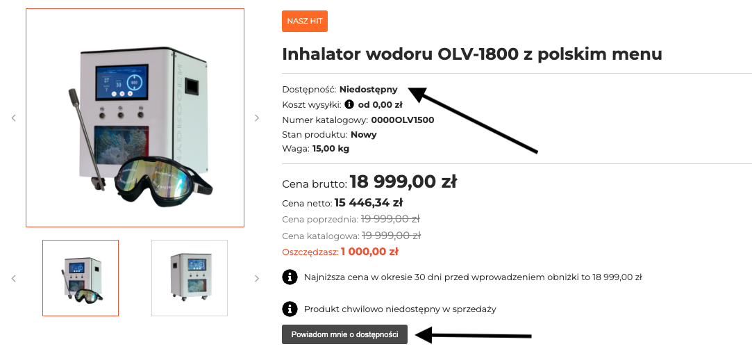 Karta produktu z dostępnością Niedostępny i przyciskiem Powiadom mnie o dostępności