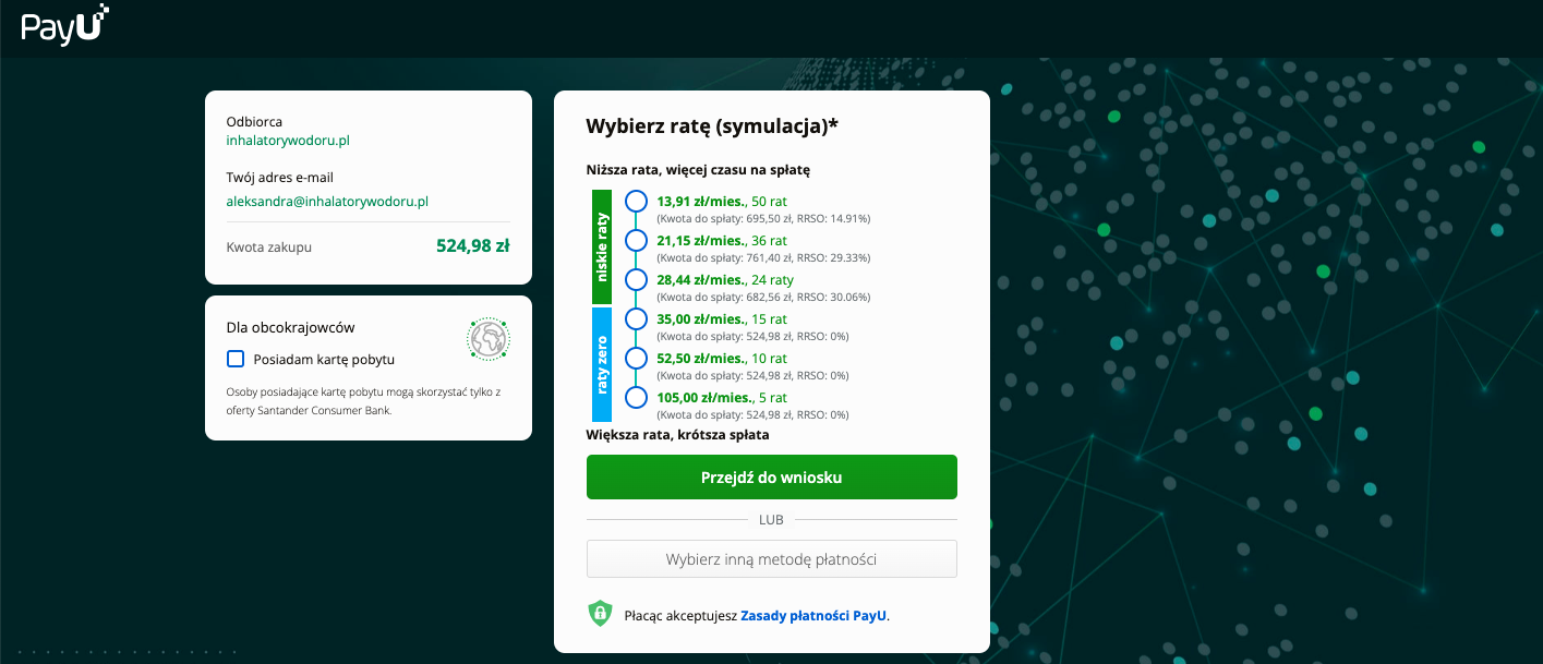 Symulacja rat w PayU z wariantami od 5 do 50 rat i podanym RRSO