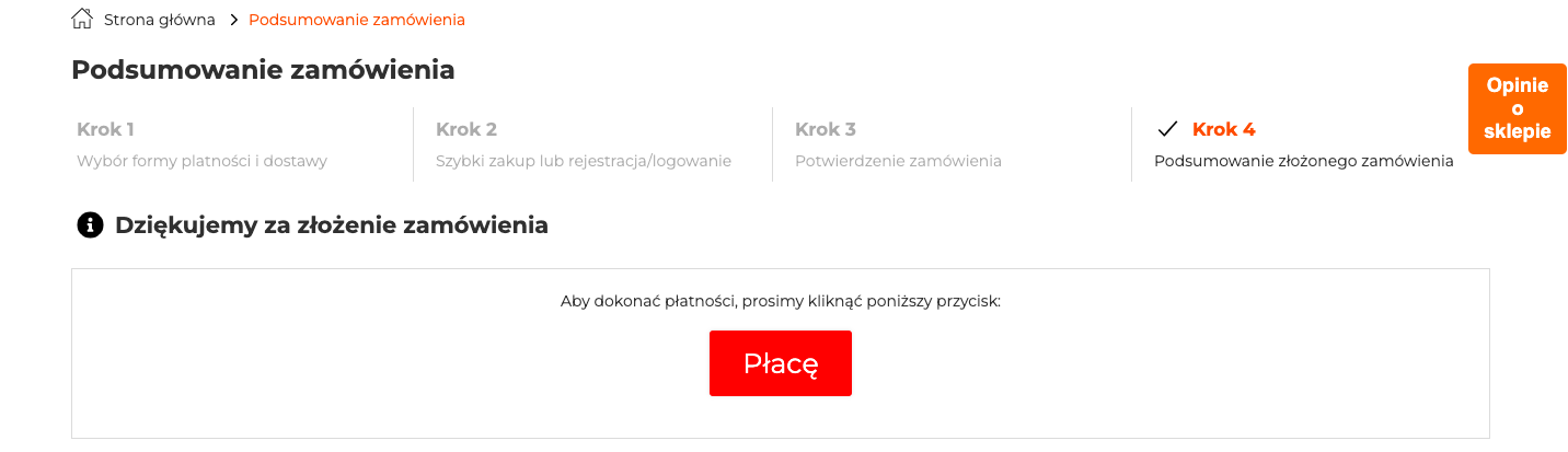 Ekran podsumowania zamówienia z przyciskiem Płacę