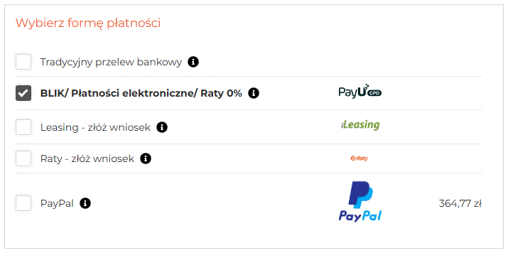Wybór formy płatności w koszyku z zaznaczoną opcją BLIK, płatności elektroniczne i raty 0%