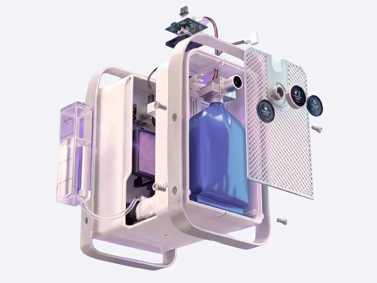 Rozstrzelony widok (exploded view) wnętrza inhalatora wodoru InhaleH2, pokazujący jego podstawowe komponenty techniczne