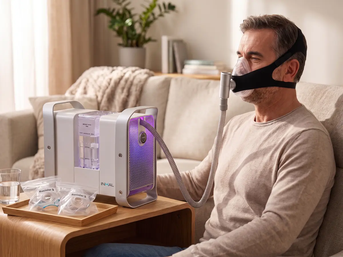 Mężczyzna wykonujący inhalację wodorem przy użyciu inhalatora InhaleH2 z dopasowaną maską w domowym salonie