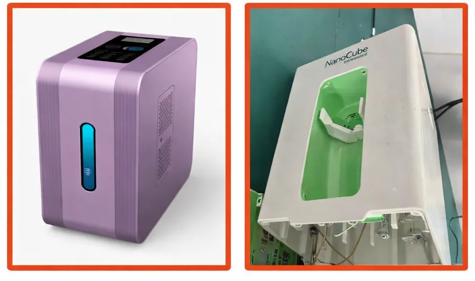 Porównanie obudów: aluminiowy inhalator wodoru FUNXI i otwarta plastikowa obudowa innego urządzenia