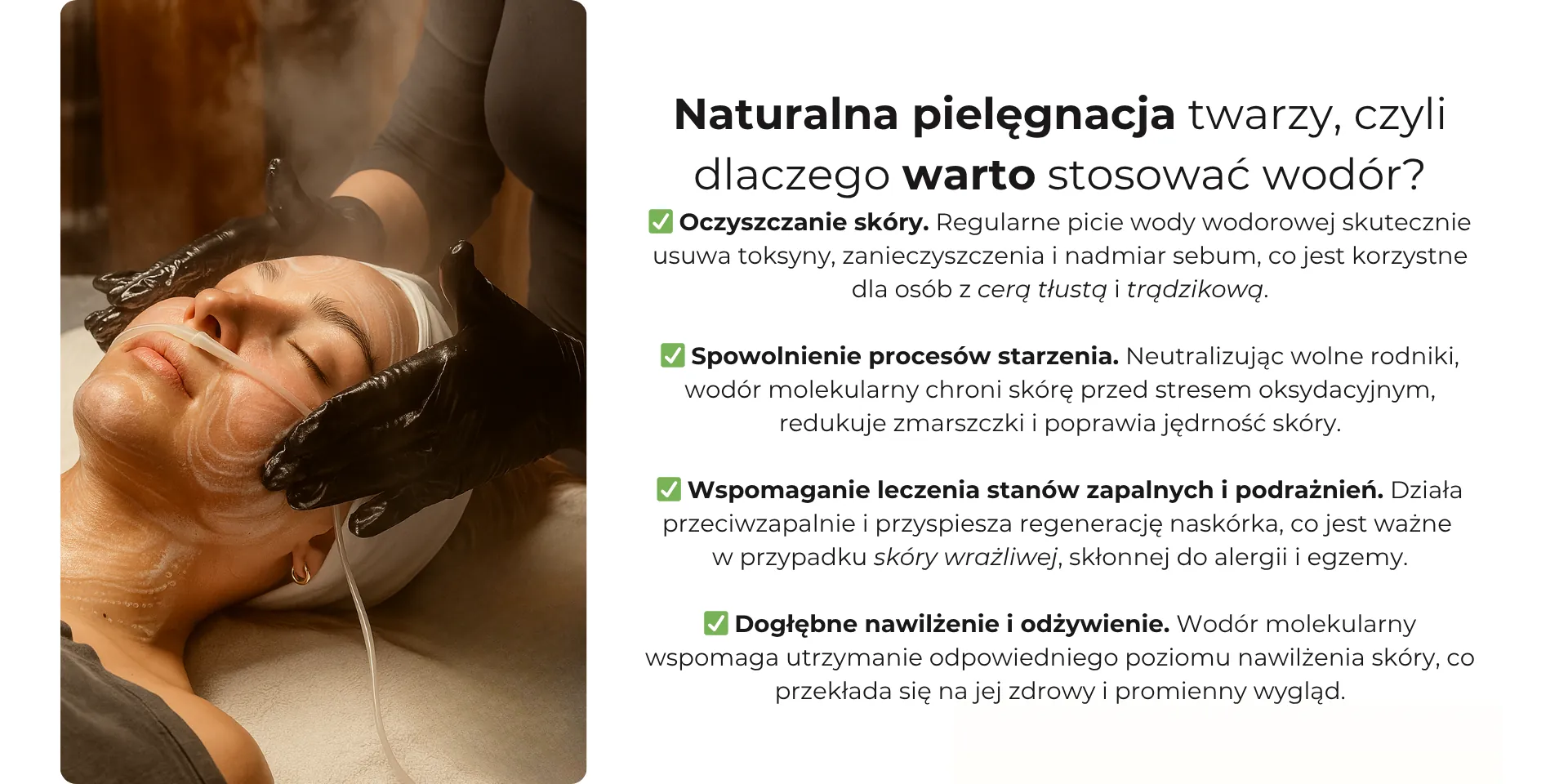 Zabieg na twarz w gabinecie kosmetycznym, klientka wdycha wodór przez kaniulę nosową