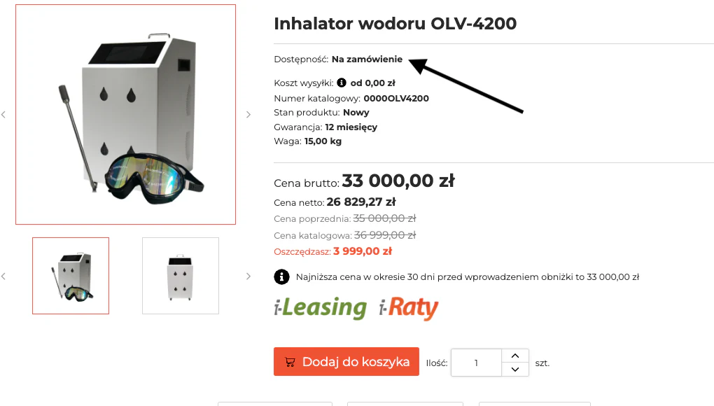 Karta produktu z dostępnością oznaczoną jako Na zamówienie