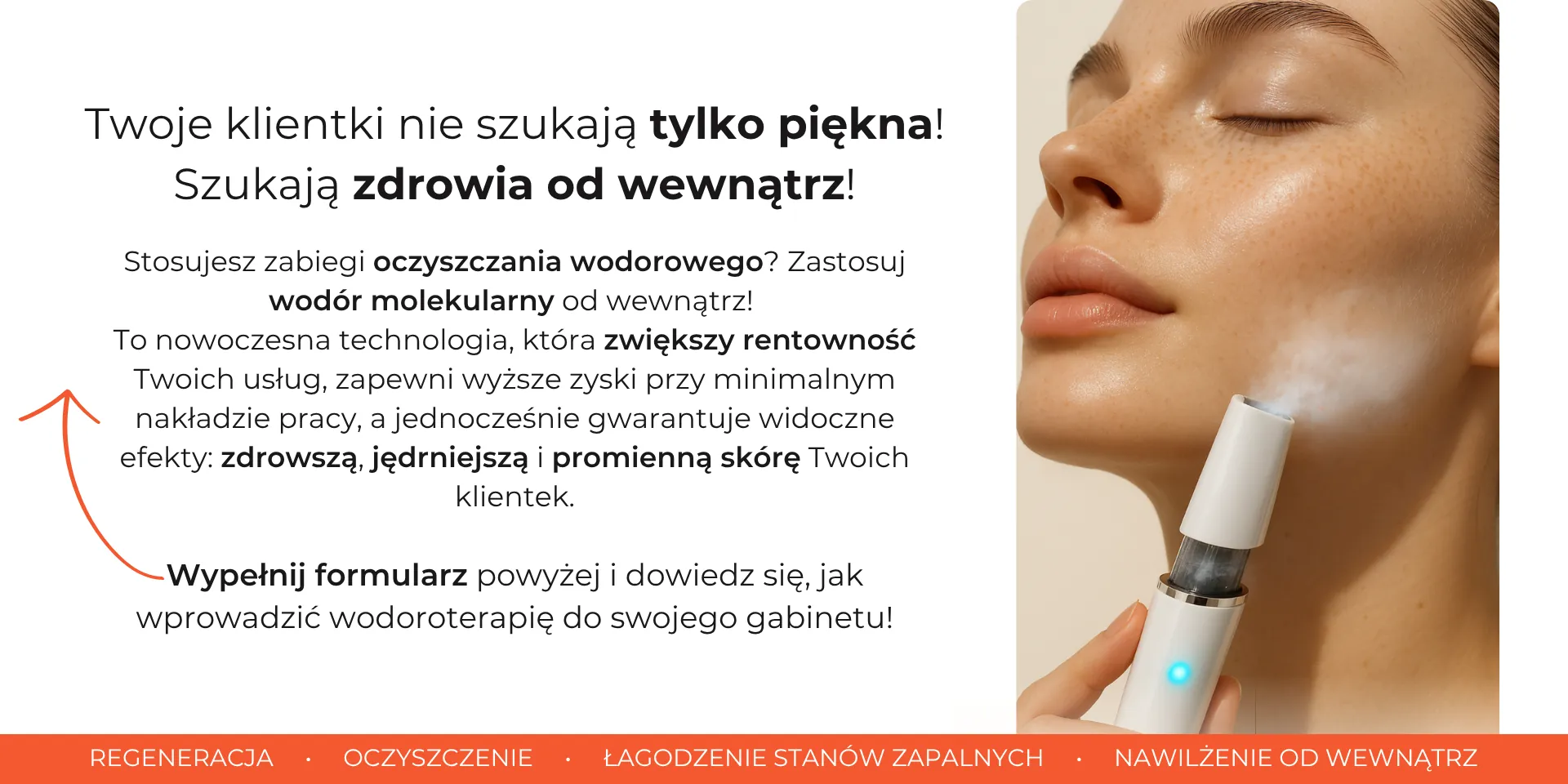 Kobieta z urządzeniem do mgiełki wodorowej przy twarzy – wodór molekularny w gabinecie kosmetycznym