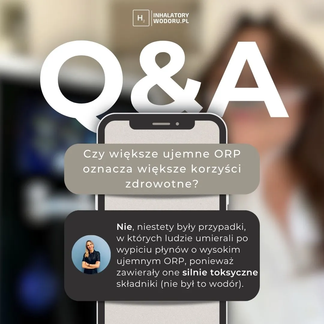 Grafika pytań i odpowiedzi: większe ujemne ORP nie oznacza większych korzyści zdrowotnych, bo płyny o bardzo ujemnym ORP mogą zawierać toksyczne składniki