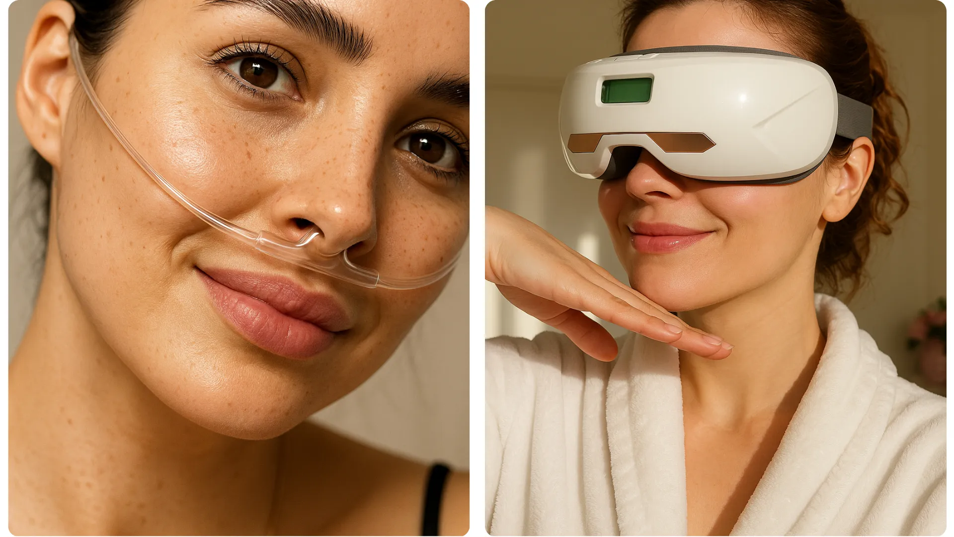 Kobieta z kaniulą nosową do inhalacji wodoru i kobieta w okularach wodorowych – wodór w branży beauty